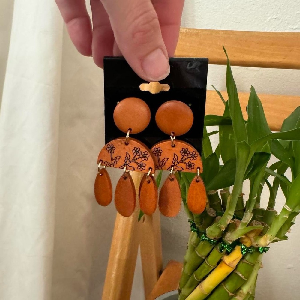 Wooden orange boho art deco dangly earrings